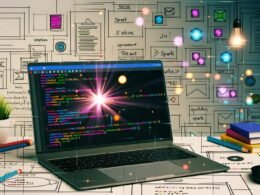 Digitaler Arbeitsplatz mit Laptop und offenem Code-Editor, sauber strukturierter JavaScript/TypeScript-Code, skizzenhafte Wireframes, bunte UI-Komponenten, Framework-Symbole wie Next.js, Nuxt, SvelteKit, und leuchtender Funke als kreative Idee.