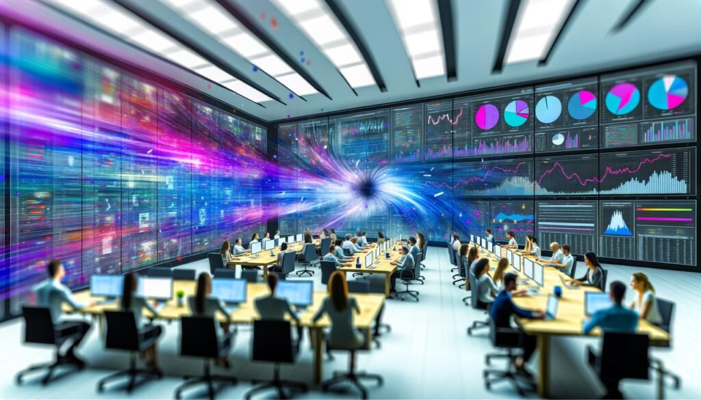 Modernes Büro mit Marketer- und Tech-Teams, die auf große Dashboards mit Apache Spark-Visualisierungen und Echtzeitdaten blicken