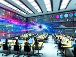 Modernes Büro mit Marketer- und Tech-Teams, die auf große Dashboards mit Apache Spark-Visualisierungen und Echtzeitdaten blicken