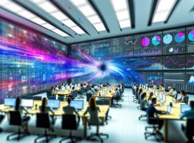 Modernes Büro mit Marketer- und Tech-Teams, die auf große Dashboards mit Apache Spark-Visualisierungen und Echtzeitdaten blicken