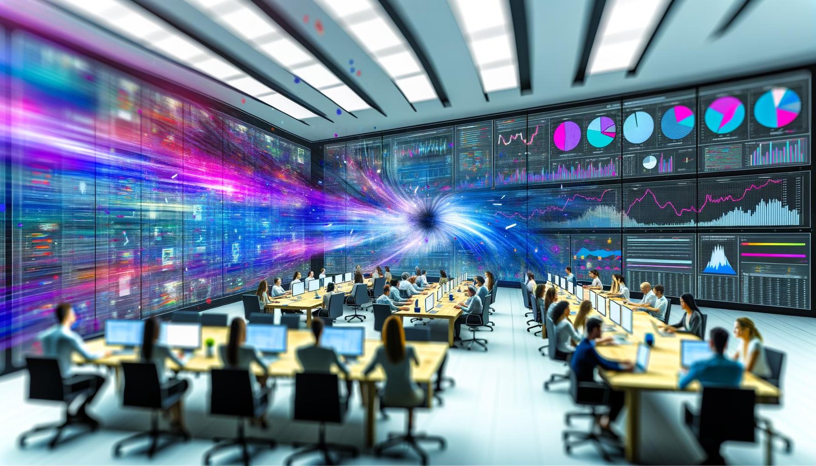 Modernes Büro mit Marketer- und Tech-Teams, die auf große Dashboards mit Apache Spark-Visualisierungen und Echtzeitdaten blicken