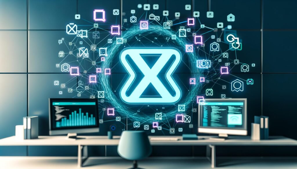 Futuristischer Arbeitsplatz mit zentralem, leuchtendem WordPress-Logo, digitalen Nodes, Datenströmen und Symbolen für semantische Strukturen und künstliche Intelligenz in modernen Blautönen und Neonfarben.