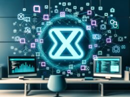 Futuristischer Arbeitsplatz mit zentralem, leuchtendem WordPress-Logo, digitalen Nodes, Datenströmen und Symbolen für semantische Strukturen und künstliche Intelligenz in modernen Blautönen und Neonfarben.