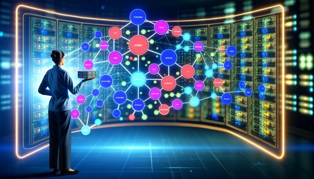 Futuristische Illustration eines Operators vor einer großen Übersichtstafel mit farbigem DAG, Icons für Datenflüsse, Speichermedien, Jobs und Scheduler, im Hintergrund Serverracks und Datencluster.