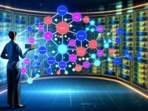 Futuristische Illustration eines Operators vor einer großen Übersichtstafel mit farbigem DAG, Icons für Datenflüsse, Speichermedien, Jobs und Scheduler, im Hintergrund Serverracks und Datencluster.