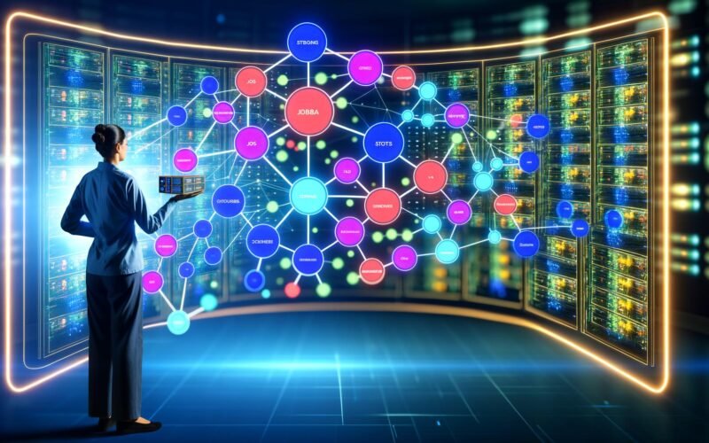 Futuristische Illustration eines Operators vor einer großen Übersichtstafel mit farbigem DAG, Icons für Datenflüsse, Speichermedien, Jobs und Scheduler, im Hintergrund Serverracks und Datencluster.