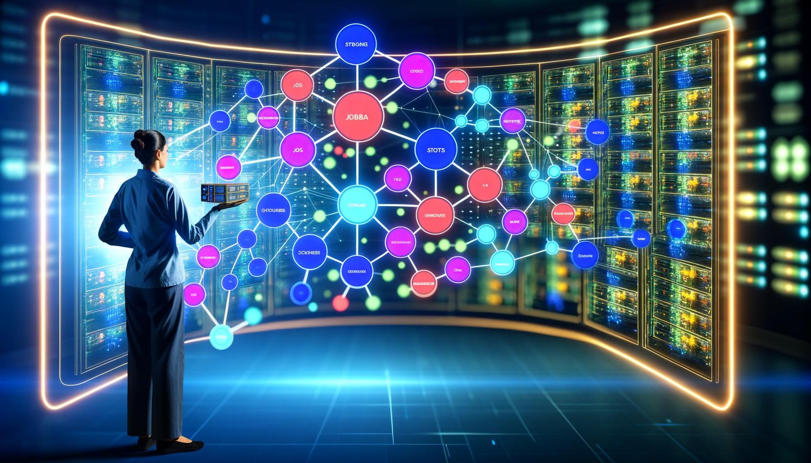 Futuristische Illustration eines Operators vor einer großen Übersichtstafel mit farbigem DAG, Icons für Datenflüsse, Speichermedien, Jobs und Scheduler, im Hintergrund Serverracks und Datencluster.