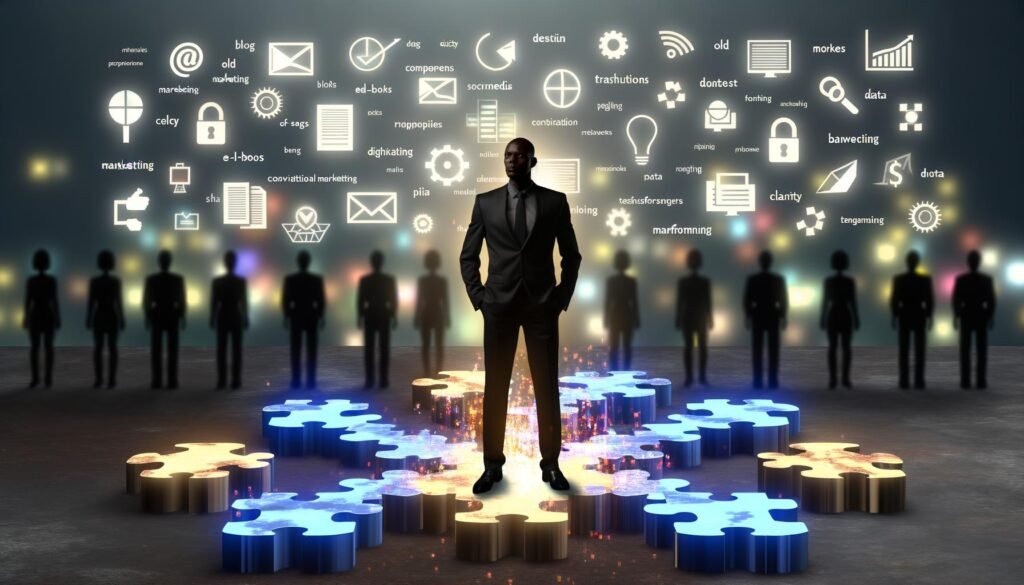 Moderner Marketingexperte steht zwischen vernetzten digitalen Content-Bausteinen wie Blogbeiträgen, E-Books, Diagrammen und Social Media Icons, mit verschwimmenden traditionellen Marketern im Hintergrund.