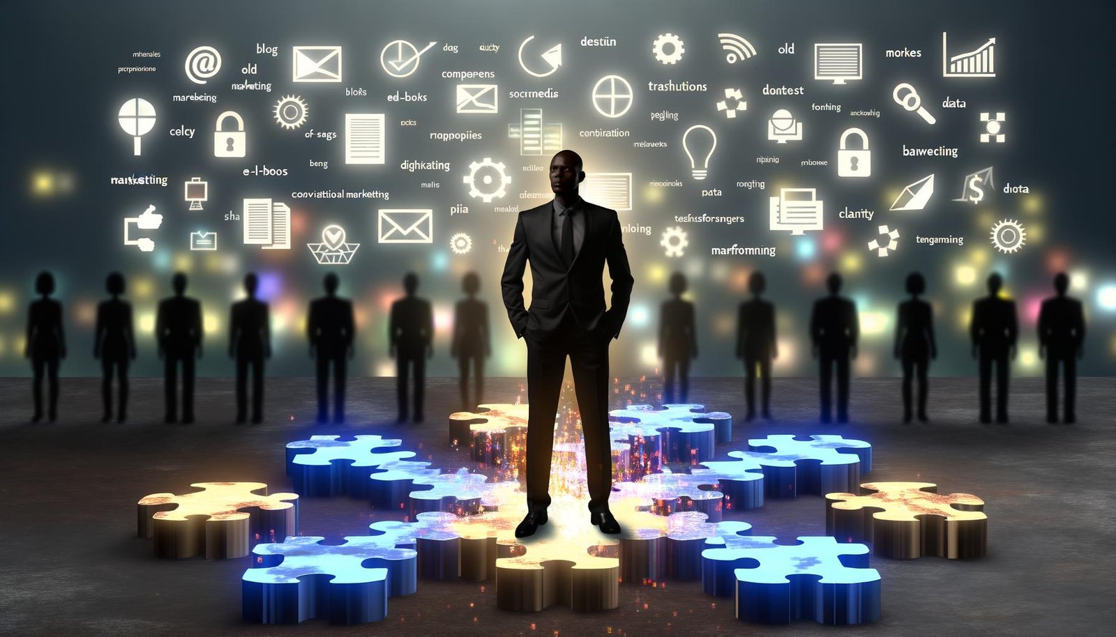 Moderner Marketingexperte steht zwischen vernetzten digitalen Content-Bausteinen wie Blogbeiträgen, E-Books, Diagrammen und Social Media Icons, mit verschwimmenden traditionellen Marketern im Hintergrund.