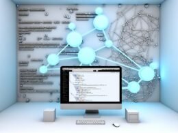 Futuristisch gestalteter Arbeitsplatz mit WordPress-Dashboard, leuchtenden Datenknoten und technischen Schemata im Hintergrund