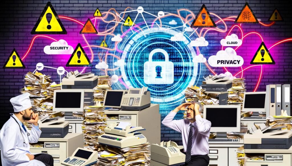 Arzt sitzt überfordert im chaotischen Behandlungszimmer, umgeben von alten Faxgeräten, Computern, Papierstapeln und einer digitalen Patientenakte mit Sicherheitssymbolen.