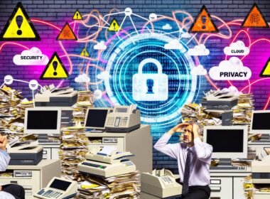 Arzt sitzt überfordert im chaotischen Behandlungszimmer, umgeben von alten Faxgeräten, Computern, Papierstapeln und einer digitalen Patientenakte mit Sicherheitssymbolen.