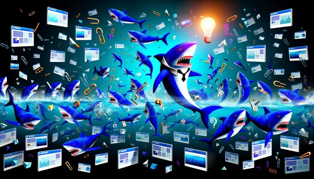 Illustration eines digitalen Haifischbeckens mit Anzughaien, schwebenden Blogposts und Bildschirmen, ein Hai hält eine leuchtende Inbound Content Idee inmitten des hektischen Wettbewerbs.