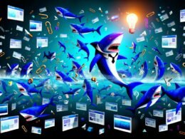 Illustration eines digitalen Haifischbeckens mit Anzughaien, schwebenden Blogposts und Bildschirmen, ein Hai hält eine leuchtende Inbound Content Idee inmitten des hektischen Wettbewerbs.