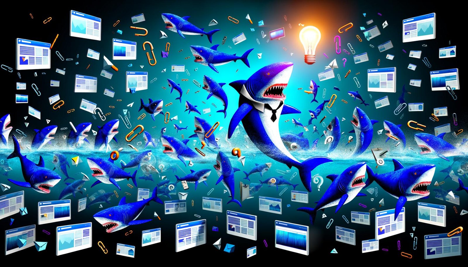 Illustration eines digitalen Haifischbeckens mit Anzughaien, schwebenden Blogposts und Bildschirmen, ein Hai hält eine leuchtende Inbound Content Idee inmitten des hektischen Wettbewerbs.
