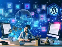 Publisher am Schreibtisch mit Laptop, Smartphone, großen Monitoren mit WordPress-Oberfläche und schwebenden KI-Tool-Symbolen für Text, Bild, SEO und Automatisierung, vor einem leuchtenden Netzwerk aus Datenströmen.