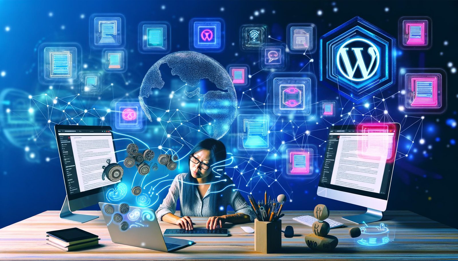 Publisher am Schreibtisch mit Laptop, Smartphone, großen Monitoren mit WordPress-Oberfläche und schwebenden KI-Tool-Symbolen für Text, Bild, SEO und Automatisierung, vor einem leuchtenden Netzwerk aus Datenströmen.