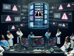 Ärzte und IT-Fachkräfte stehen ratlos in einem dunklen Großraumbüro voller Bildschirme, während ein Hologramm einer Patientenakte mit Warnsymbolen über ihnen schwebt.