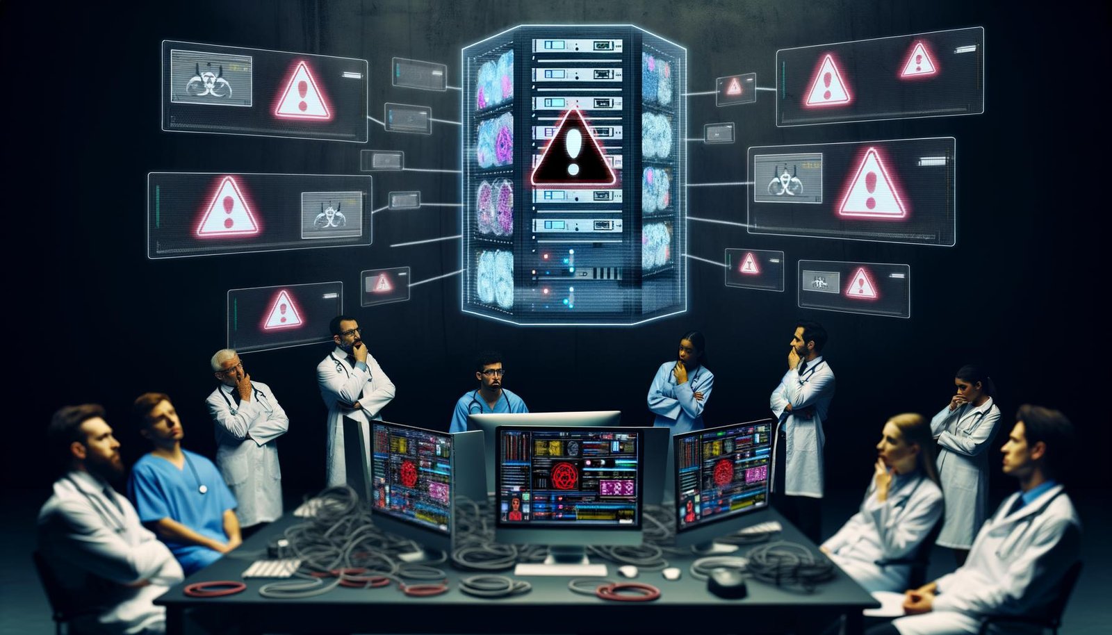Ärzte und IT-Fachkräfte stehen ratlos in einem dunklen Großraumbüro voller Bildschirme, während ein Hologramm einer Patientenakte mit Warnsymbolen über ihnen schwebt.