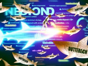 Ein fokussierter Marketer zeichnet einen leuchtenden Strategiepfad durch ein Haifischbecken mit schwimmenden Content-, SEO- und Reichweite-Papierblättern. Im Hintergrund sind digitale Analysen und Keyword-Maps zu sehen.