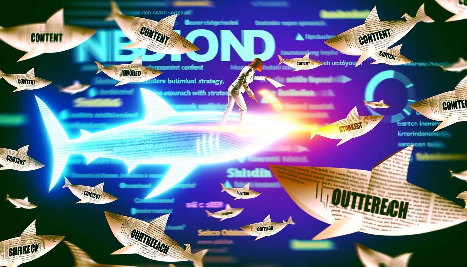 Ein fokussierter Marketer zeichnet einen leuchtenden Strategiepfad durch ein Haifischbecken mit schwimmenden Content-, SEO- und Reichweite-Papierblättern. Im Hintergrund sind digitale Analysen und Keyword-Maps zu sehen.