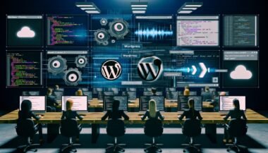 Futuristischer Workspace mit WordPress-Logos und Audio-Interfaces, Marketer und Entwickler arbeiten zwischen Code, API-Icons und Sprachwellen