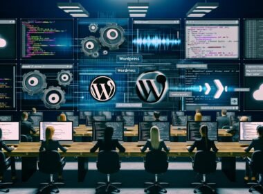 Futuristischer Workspace mit WordPress-Logos und Audio-Interfaces, Marketer und Entwickler arbeiten zwischen Code, API-Icons und Sprachwellen