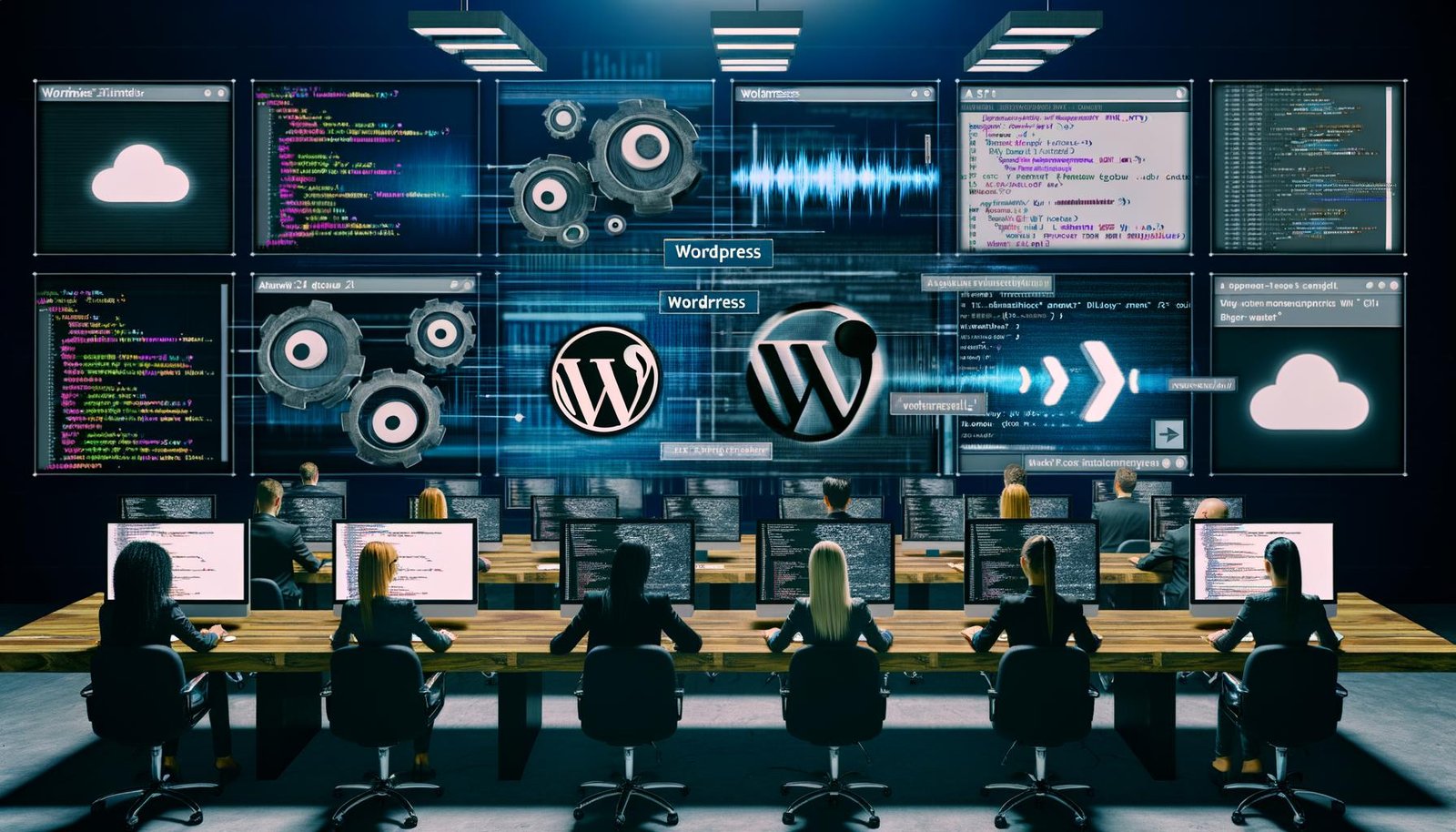 Futuristischer Workspace mit WordPress-Logos und Audio-Interfaces, Marketer und Entwickler arbeiten zwischen Code, API-Icons und Sprachwellen