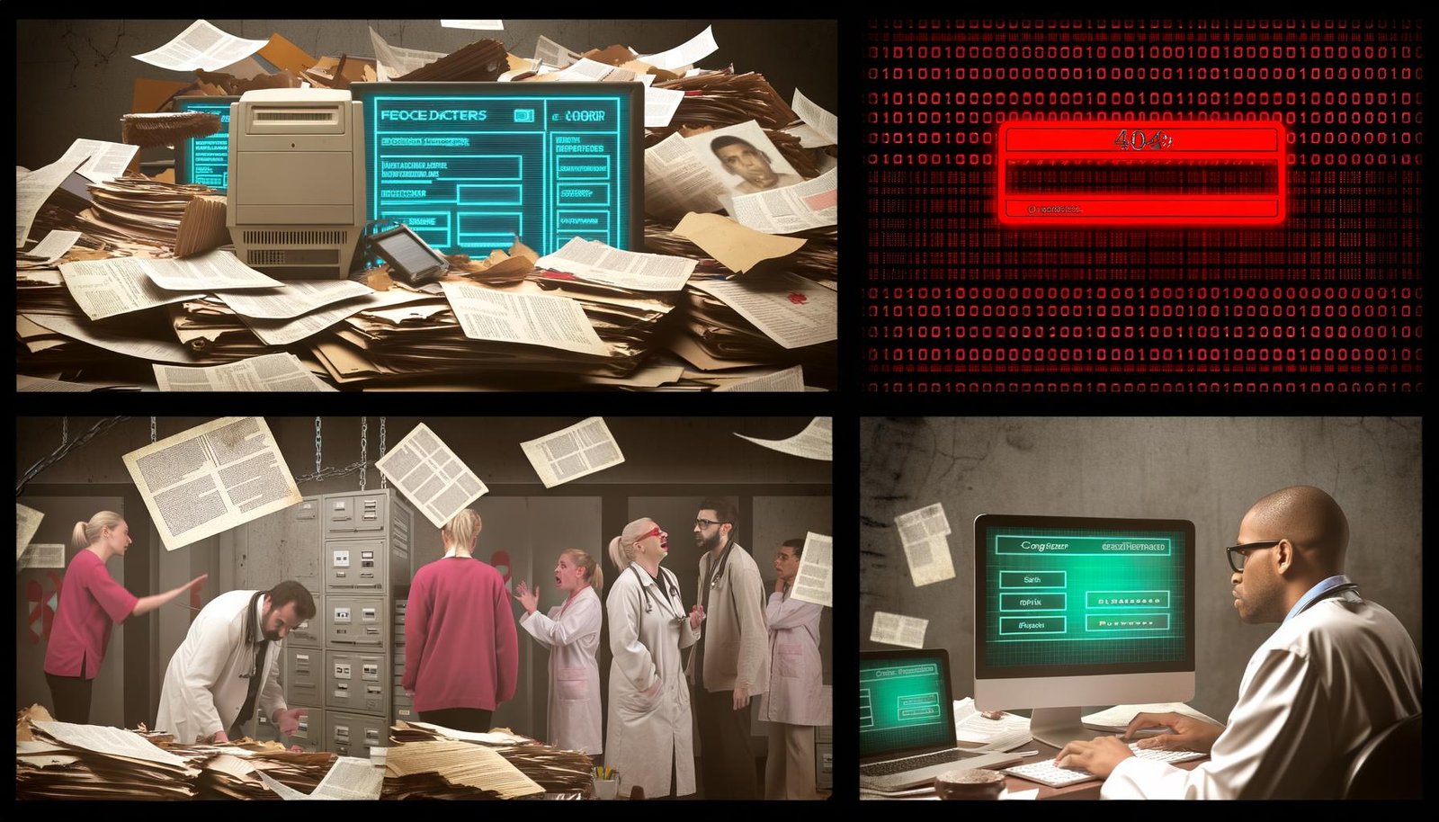 Chaotischer Schreibtisch mit Patientenakten, überfordertem Krankenhauspersonal und fehlgeschlagenen elektronischen Patientenakten auf Computerbildschirmen.