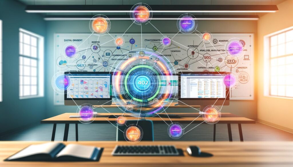 Moderner, aufgeräumter Arbeitsplatz mit mehreren Bildschirmen, digitalen Dashboards, Content-Clustern und Whiteboard voller SEO- und Content-Marketing-Begriffe.