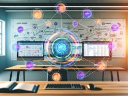 Moderner, aufgeräumter Arbeitsplatz mit mehreren Bildschirmen, digitalen Dashboards, Content-Clustern und Whiteboard voller SEO- und Content-Marketing-Begriffe.