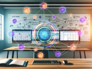 Moderner, aufgeräumter Arbeitsplatz mit mehreren Bildschirmen, digitalen Dashboards, Content-Clustern und Whiteboard voller SEO- und Content-Marketing-Begriffe.