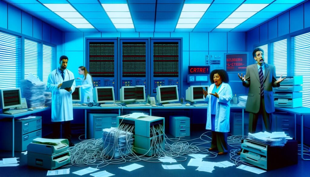 Verzweifelte Ärzte und Patienten in einem chaotischen Kontrollraum mit defekter ePA-Akte, alten Computern und verstreuten Dokumenten.