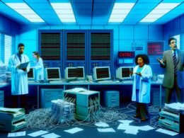 Verzweifelte Ärzte und Patienten in einem chaotischen Kontrollraum mit defekter ePA-Akte, alten Computern und verstreuten Dokumenten.
