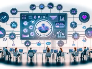 Grafikstarke Illustration eines digitalen Marketing-Kontrollzentrums mit Dashboard, Marketingtools, Team und Symbolen für KI und Automatisierung in blau-lila Farbtönen.