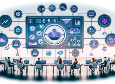 Grafikstarke Illustration eines digitalen Marketing-Kontrollzentrums mit Dashboard, Marketingtools, Team und Symbolen für KI und Automatisierung in blau-lila Farbtönen.