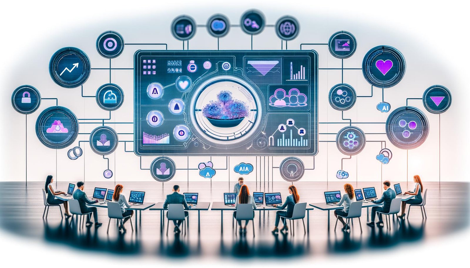 Grafikstarke Illustration eines digitalen Marketing-Kontrollzentrums mit Dashboard, Marketingtools, Team und Symbolen für KI und Automatisierung in blau-lila Farbtönen.