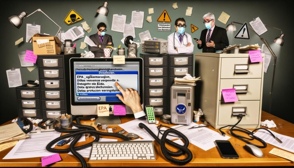 Chaotischer Schreibtisch mit Papierstapeln, veralteter Computertechnik, überforderter Arzt, resignierendem Patienten und einer digitalen Patientenakte voller Fehlermeldungen auf dem Smartphone.