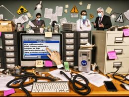 Chaotischer Schreibtisch mit Papierstapeln, veralteter Computertechnik, überforderter Arzt, resignierendem Patienten und einer digitalen Patientenakte voller Fehlermeldungen auf dem Smartphone.