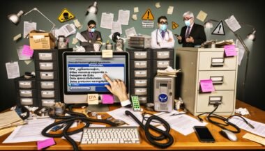 Chaotischer Schreibtisch mit Papierstapeln, veralteter Computertechnik, überforderter Arzt, resignierendem Patienten und einer digitalen Patientenakte voller Fehlermeldungen auf dem Smartphone.