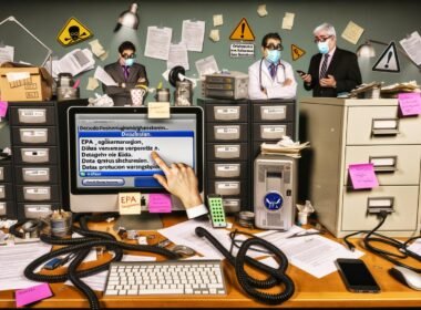 Chaotischer Schreibtisch mit Papierstapeln, veralteter Computertechnik, überforderter Arzt, resignierendem Patienten und einer digitalen Patientenakte voller Fehlermeldungen auf dem Smartphone.