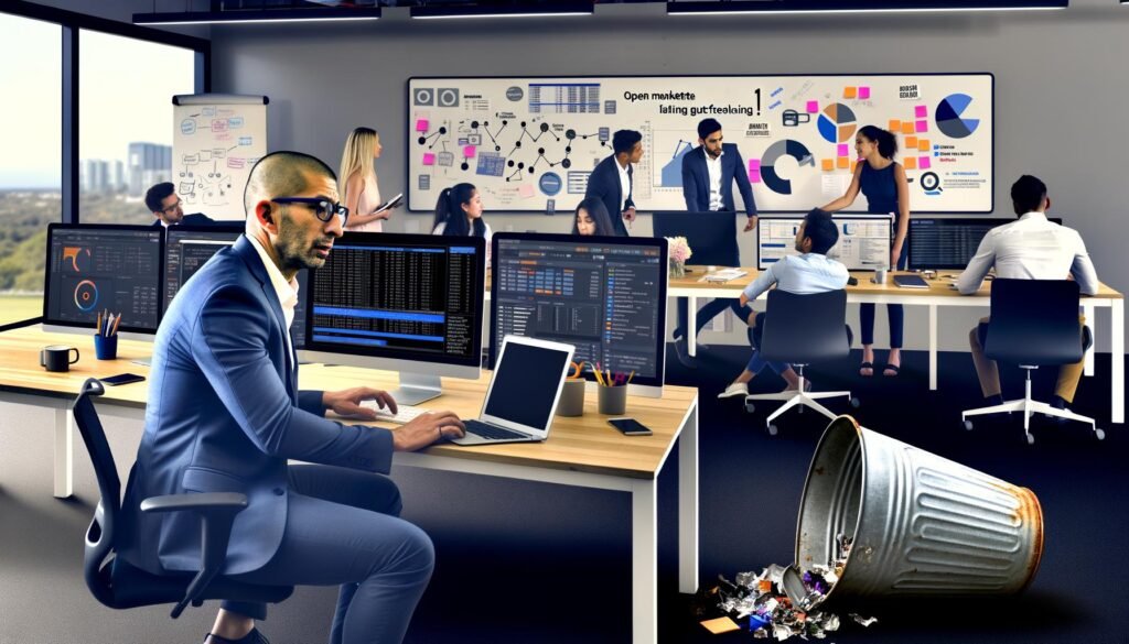 Marketer:in im legeren Business-Look vertieft in Datenanalysen vor Monitoren mit SQL-Abfragen und Marketing-Dashboards, moderne Großraumbüro-Atmosphäre mit Strategieworkshop; Selfie-Stick im Mülleimer als Symbol für das Ende alter Marketing-Methoden.