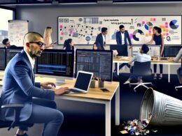 Marketer:in im legeren Business-Look vertieft in Datenanalysen vor Monitoren mit SQL-Abfragen und Marketing-Dashboards, moderne Großraumbüro-Atmosphäre mit Strategieworkshop; Selfie-Stick im Mülleimer als Symbol für das Ende alter Marketing-Methoden.