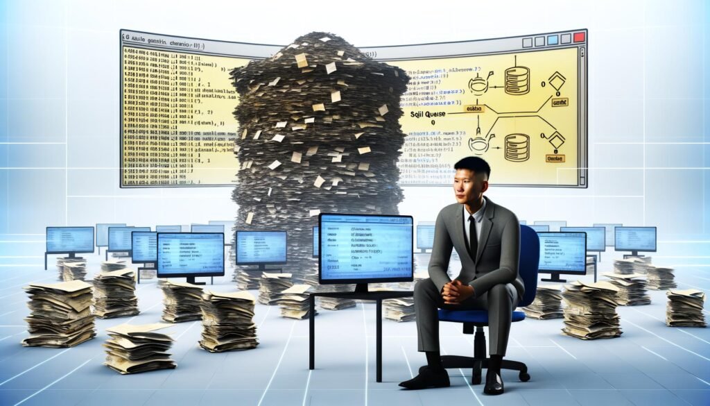 Moderne Büro-Szene mit Person vor Monitoren, auf denen SQL-Abfragen und Diagramme angezeigt werden, während im Hintergrund ein großes, unübersichtliches Datensilo aus Papier und Computerdaten zu sehen ist.