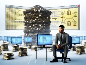 Moderne Büro-Szene mit Person vor Monitoren, auf denen SQL-Abfragen und Diagramme angezeigt werden, während im Hintergrund ein großes, unübersichtliches Datensilo aus Papier und Computerdaten zu sehen ist.