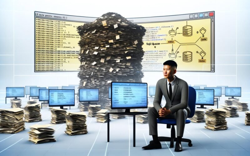 Moderne Büro-Szene mit Person vor Monitoren, auf denen SQL-Abfragen und Diagramme angezeigt werden, während im Hintergrund ein großes, unübersichtliches Datensilo aus Papier und Computerdaten zu sehen ist.