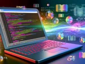 Laptop mit offenem SQL-Query-Fenster, farbiger Code und schwebende Datenbank-Icons, umgeben von Analytics-Grafiken und Datenströmen im Cyberpunk-Look