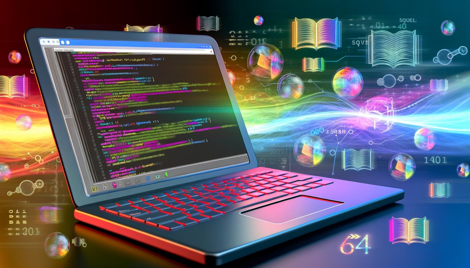 Laptop mit offenem SQL-Query-Fenster, farbiger Code und schwebende Datenbank-Icons, umgeben von Analytics-Grafiken und Datenströmen im Cyberpunk-Look