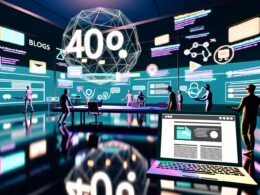Futuristischer Arbeitsplatz mit WordPress auf Laptop, VR-Headsets, schwebenden 3D-Blogposts und holografischen Statistiken