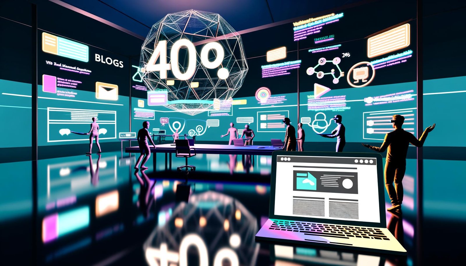 Futuristischer Arbeitsplatz mit WordPress auf Laptop, VR-Headsets, schwebenden 3D-Blogposts und holografischen Statistiken